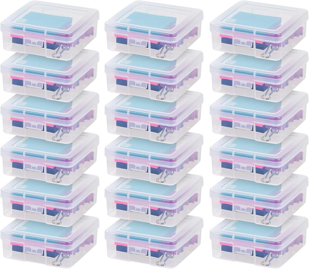 IRIS USA Pencil Case Plastic Pouch Box Storage Organizer for Beads, Pens, and Art Supplies, 18-Pack, Stackable Container with Snap Lid for Jewelry, Stickers, and Tackle Box, Clear, Small