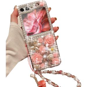 for Samsung Galaxy Z Flip 5 Glitter Bling Case,Cute Luxury 3D Crystal Rhinestone Diamond Flowers Sparkle Stunning Stones Pearl with Wrist Strap Women Girls Case for Galaxy Z Flip 5 5G (Pink)