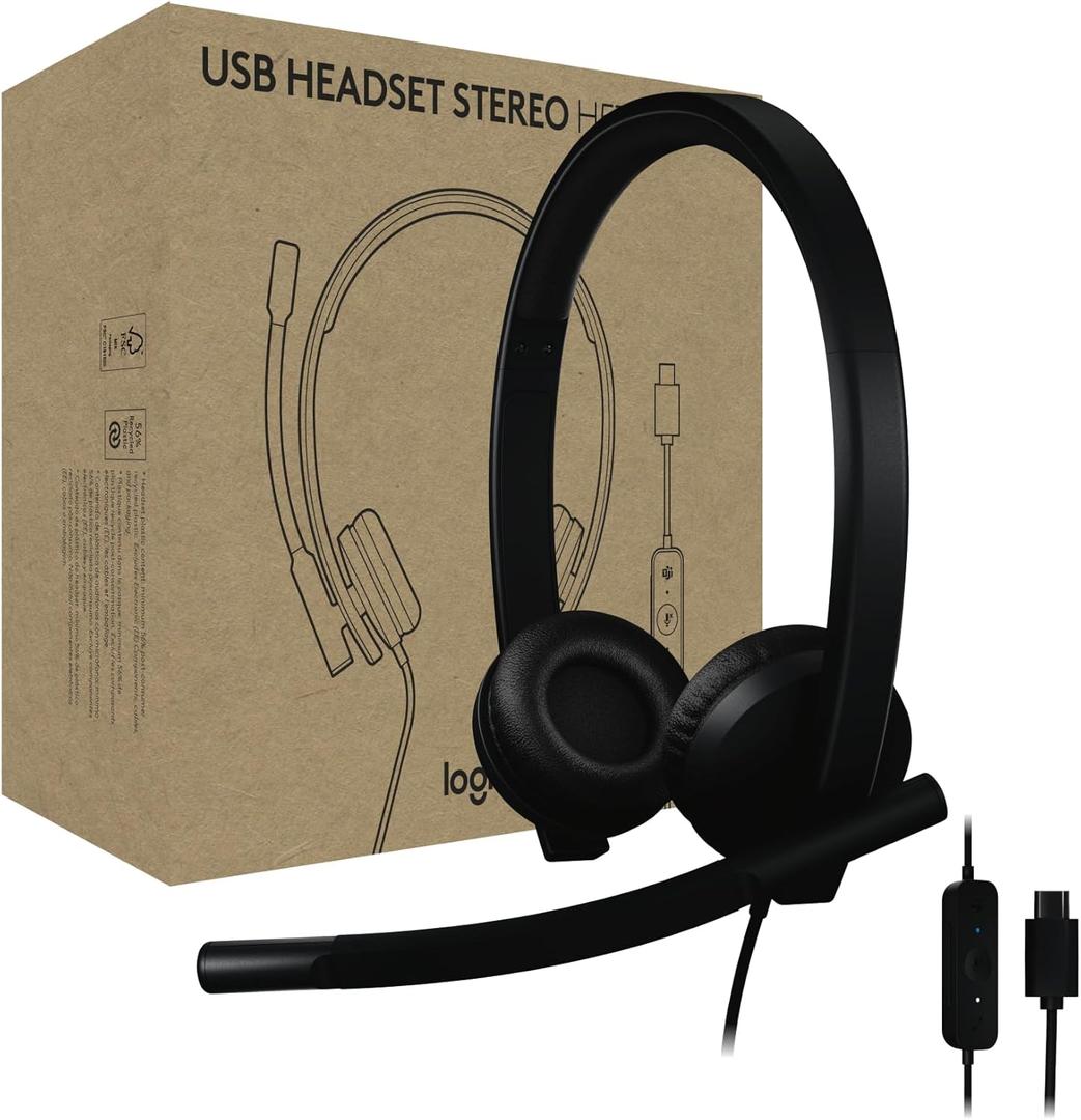 Logitech H570e USB Headset with Microphone for PC and Mac, USBA Wired Headset with Stereo Sound, Noise Canceling Mics and Inline Controls, Certified for Microsoft Teams, Black