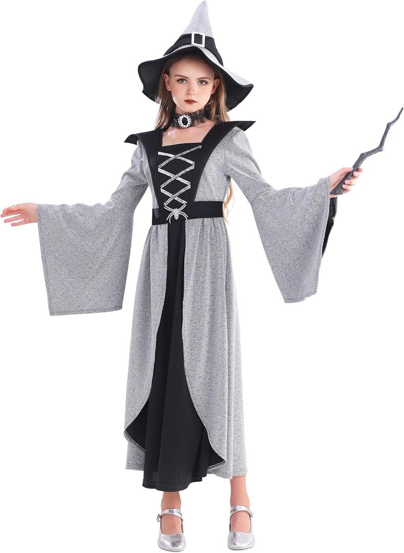 5 PCS Halloween Witch Costume for Kids Girls Scary Witches Outfit Dress up Clothes Dark Set for Cosplay Party (X-Large)