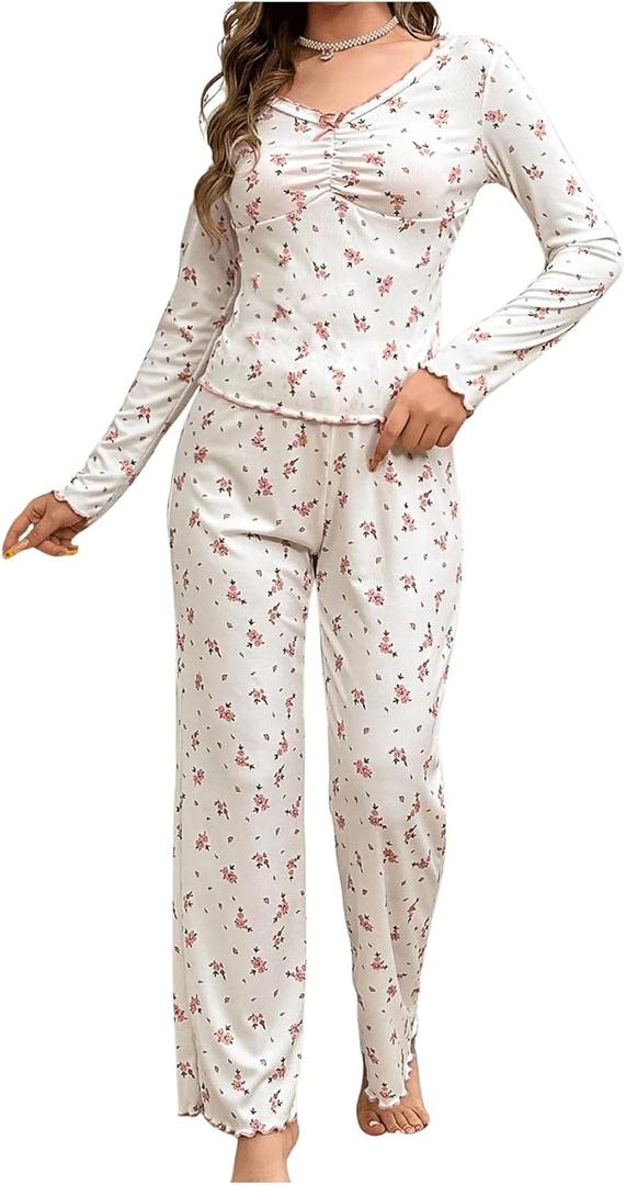 SweatyRocks Women's Floral Pajama Set Ruched Long Sleeve Top and Pants Pjs Set Sleepwear Loungewear (White, XL)