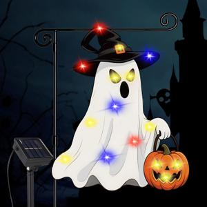 GOAUS Halloween Garden Flag Solar Lighted, Witch Ghost Decorations Outdoor, Double Sided Oxford Decorative Flag for Lawn Yard Outside Decor, 12x18 Inches