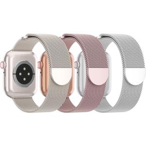 Pack of 3 Mesh Metal Band Compatible with Apple Watch Band 38mm 40mm 41mm 42mm 44mm 45mm 46mm 49mm, Stainless Steel Magnetic Loop Strap for iWatch Ultra 3 2 1 Series 11/10/9/8/SE/7/6/5/4/3 Men Women (F-Starlight/Rose Gold/Silver)