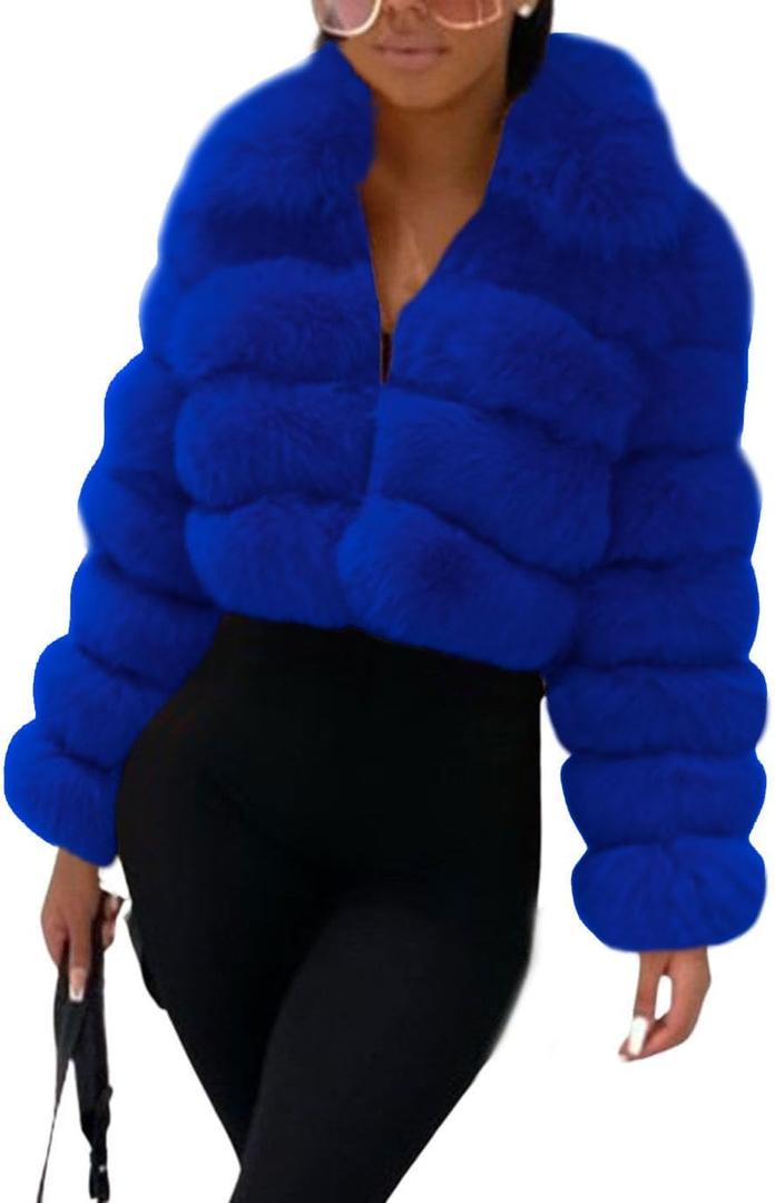 Loveimgs Women Fluffy Faux Fur Coat Cropped Jacket Puffer Jacket Zip Up Winter Warm Fuzzy Teddy Jacket (Medium, Royal Blue)
