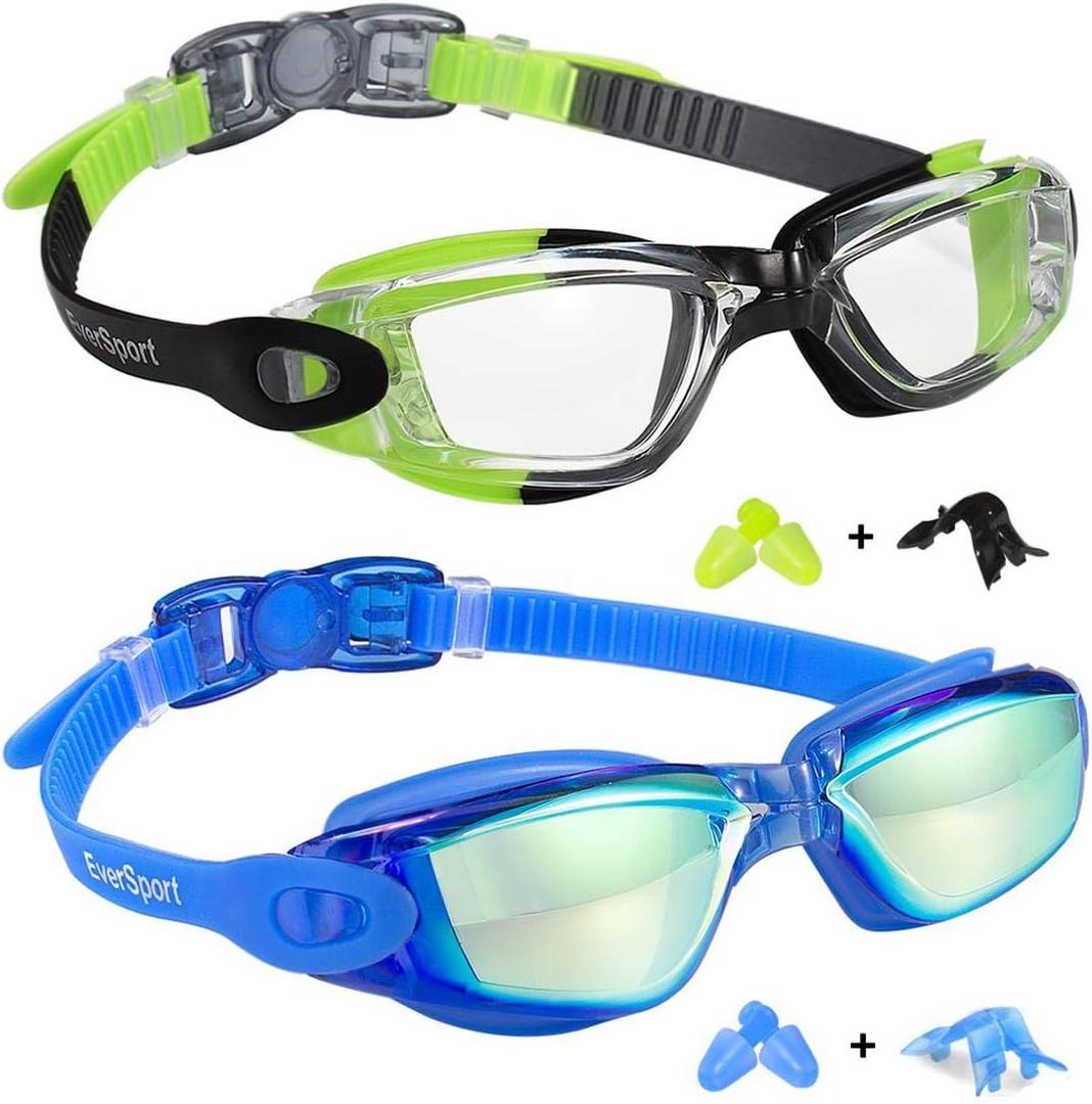 EverSport Kids Swim Goggles, Pack of 2 Swimming Goggles for Children Teens, Anti-Fog Anti-UV Youth Swim Glasses for Age 4-16 (Green/Black & Mirrored Blue)