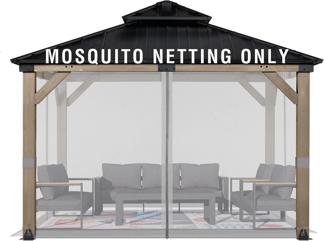 Aoodor Universal 10x10 ft Gazebo Mosquito Netting, Replacement 4-Panel Sidewalls with Double Zippers for Patio, Backyard, Deck, and Lawn (Netting Only, Gray)