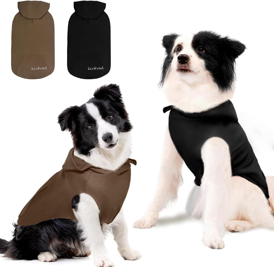 2 Pieces Basic Dog Hoodie, Soft & Comfy Dog Puppy Sweatshirt, Superior Comfort and Fit Doggy Security Hoodies Jumpsuit Sweater with Leash Hole and Pocket, Black & Brown/Sleeveless, L