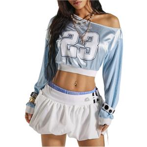 MakeMeChic Women's Y2K Jersey Top Number Print Asymmetrical Pullover Sweatshirt (Blue, L)