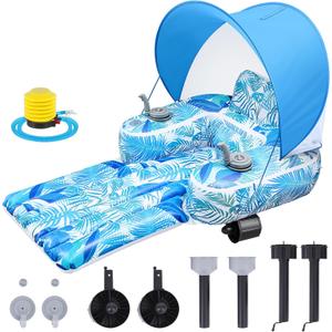 Motorized Pool Float for Adults with Canopy, Inflatable Pool Lounger with Dual Motors, Cup Holders, Foot Pump, Raft Holds up to 220lb, Electric Floaty for Lake Summer Water, 65.75" x 43.31"
