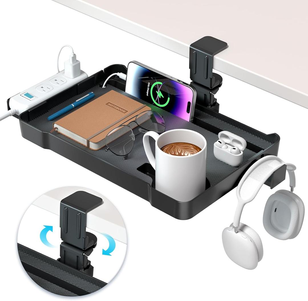 KDD Under Desk Organizer - 360 Rotating Clamp-On Tray with Headphone Hook, Phone & Tablet Holder, Cup Holder, and Cable Management - No Drilling Desk Storage Accessories for Office and Home