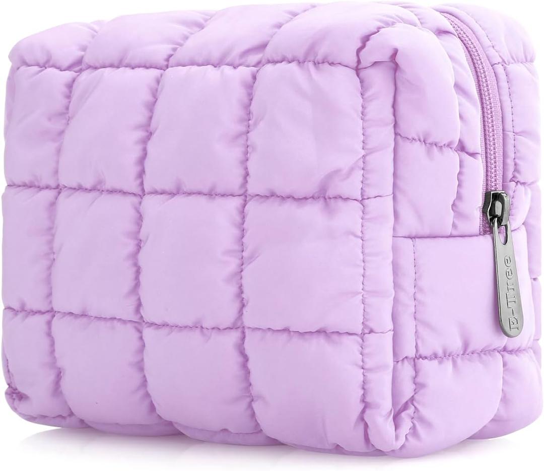 E-Tree Cute Makeup Bag,Quilted Cosmetic Bag for Women,Make up Pouch for Purse,Toiletry Zipper Pouch,Checkered Bag,Travel Case,Storage Pouches for Organization (Purple) (7.5 x 5.5 x 3.5)