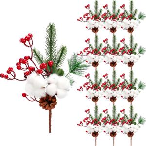 12 Pieces Pine Snowy Flower Christmas Picks Red Berry Artificial Holly Sprays Picks Fake Berries Pine Cones for Christmas Crafts Party Festive Home Tree Decor 11 Inch Flexible Stems