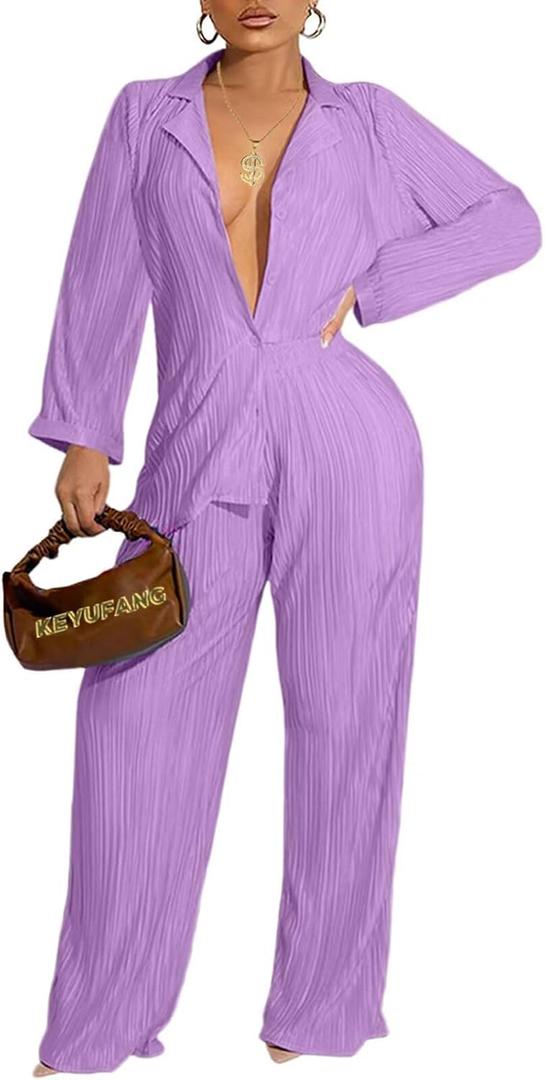 Ekaliy Women's 2 Piece Casual Pleated Outfits Short Sleeve Button Down Shirt High Waist Wide Leg Trouser Sets Suit (X-Large, 65purple)