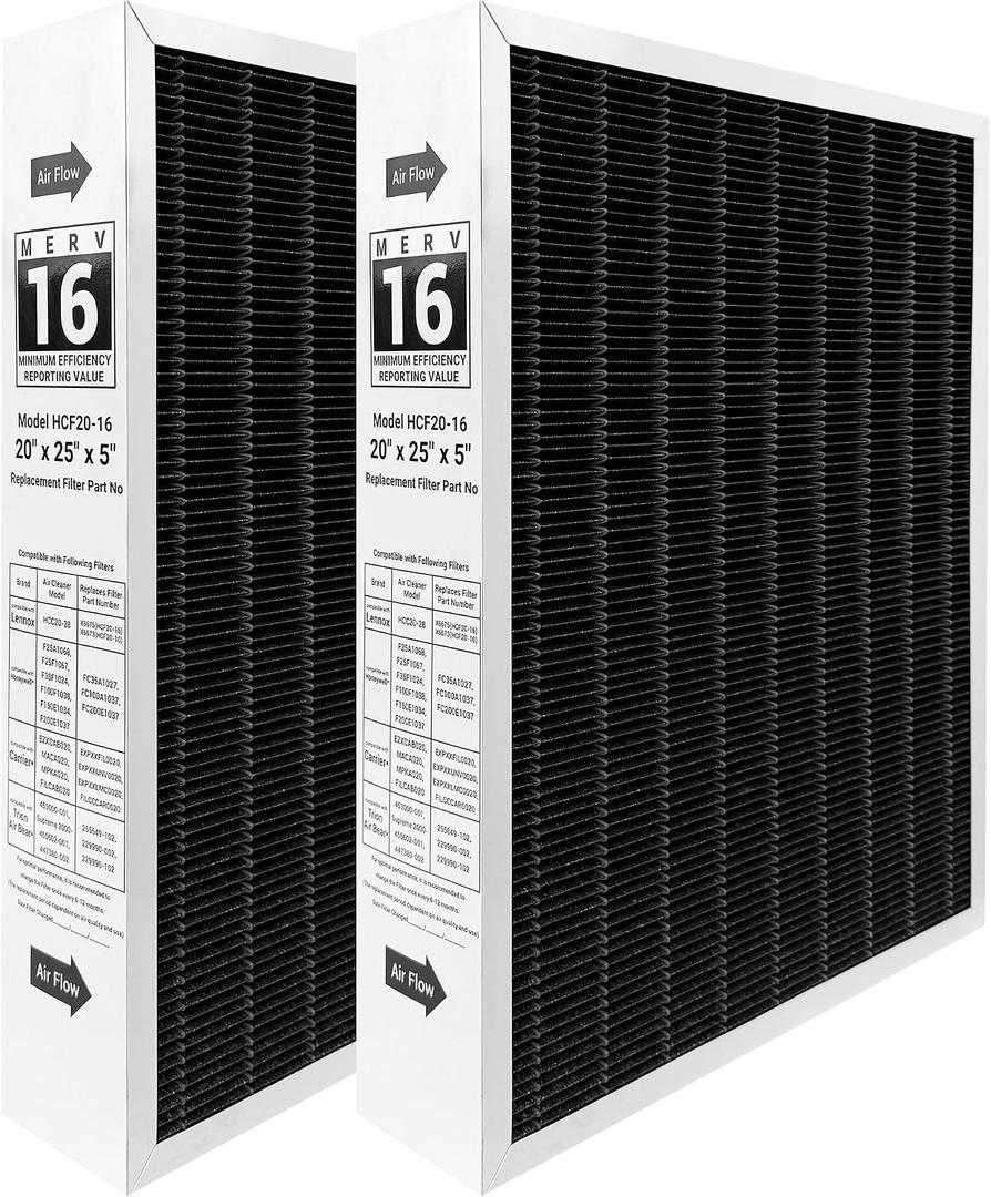2 Pack6675 20x25x5 MERV 16 Air Filter Compatible with Lennox HCC20-28 and Lennox 6675 Healthy Climate Carbon Clean MERV 16 Furnace Filter for HVAC System, Part Number HCF20-16&HCF20-10
