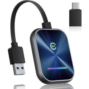 Wireless CarPlay Adapter for iPhone, 2 in 1 Wireless CarPlay and Android Auto Adapter Converts Factory Wired to Wireless, Plug and Play USB/USB-C Car Play Dongle with Stable Control and No Delay (Blue)