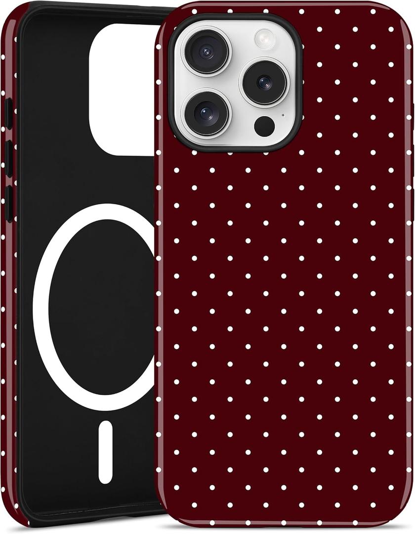 Jusy Compatible with MagSafe Polka Dot Case for iPhone 16 Pro, Cute Christmas Polka Dots Magnetic Phone Case, Soft TPU and Hard PC Protective Phone Cover for Women GirlsShiny - Burgundy