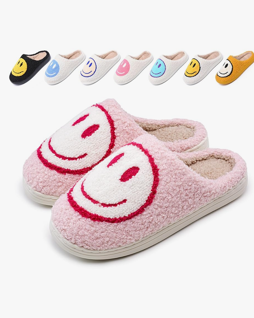 soofylia Cute Smile Face Slippers for Women and Men, Soft Plush Comfy Warm Couple Slip-On House Happy Face Slippers For Winter, Non-Slip Fuzzy Flat Slides in Grey 34-35