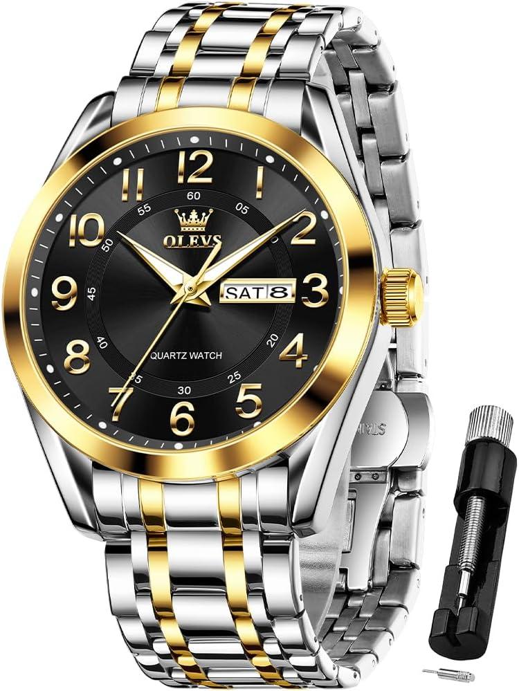 OLEVS Watches Black Male Easy to Read Luxury Dress Day Date Two Tone Stainless Steel Casual Quartz Watch Reloj De Hombres
