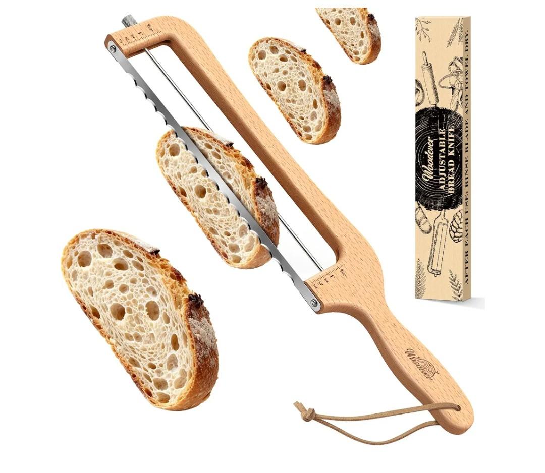 Woodever Adjustable Bread Knife for Home Use, Wooden Sourdough Bread Slicer for Homemade Bread with Bow Design, Premium Stainless Serrated Bread Cutter for Bagels and Baguettes-Natural