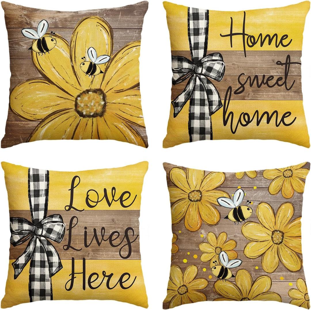 AVOIN colorlife Spring Home Sweet Home Bee Sunflower Throw Pillow Covers, 18 x 18 Inch Love Lives Here Summer Stripes Polka Dots Cushion Case for Sofa Couch Set of 4 (Yellow/Brown)