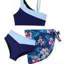 blibean Tween Girls Bikini Swimsuit Big Kids Cute Bathing Suit Three Piece Colorblock Hawaiian Matching Swim Set Vacation Traje de Bao para Nias with Skirt Size 8-9 Dark Blue (L)