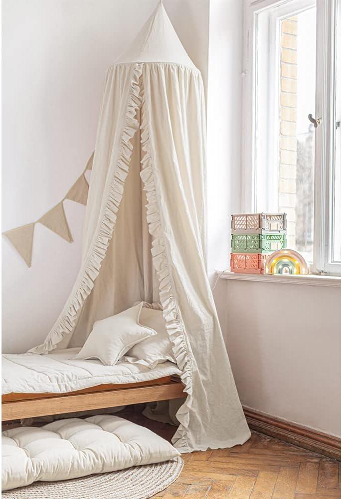 Bed Canopy with Frills Reading Nook Game Tent for Kids Boho Hanging Net Play Room Decor(Beige), 95 X 20 X 20 Inches, Boho Canopy With Drapes