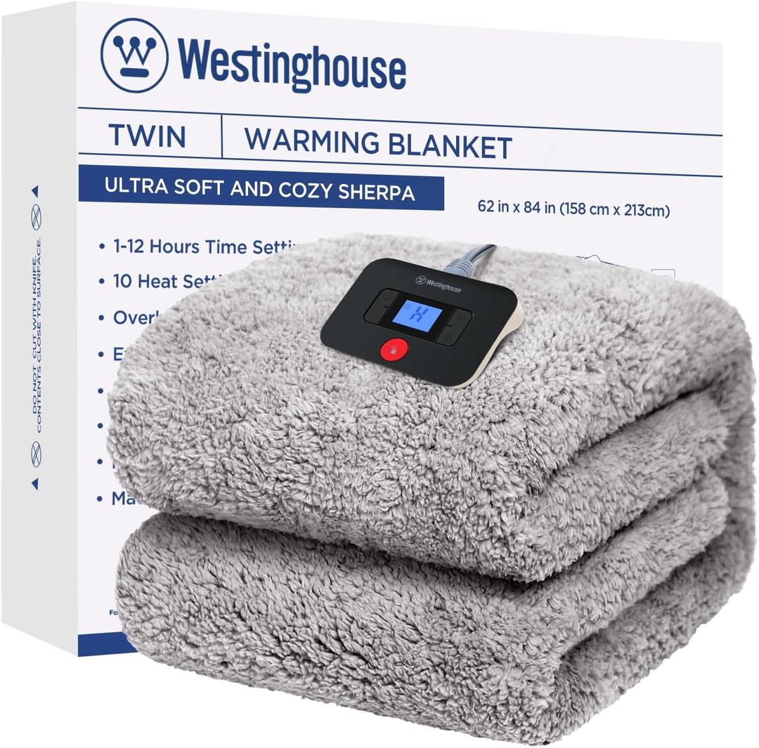 Westinghouse Electric Blanket Twin Size, Soft Plush Sherpa Heated Blanket with 10 Heating Levels & 1-12 Hours Auto-Off, Machine Washable, 62x84 inches, Charcoal