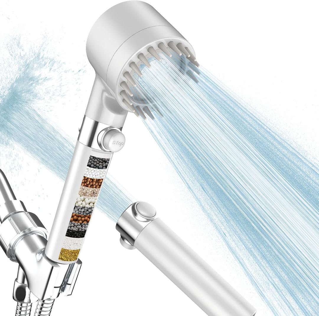 PWERAN Filtered Shower Head with Handheld, High Pressure 3 Spray Mode Showerhead with 18 Stage Water Softener Filters for Hard Water - Handheld Shower Head-Remove Chlorine-White