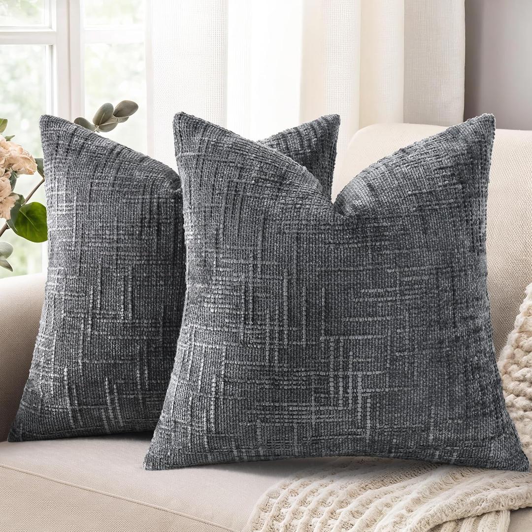 decorUhome Pack of 2 Spring Slubby Chenille Couch Throw Pillow Covers 18x18 Inch Neutral Soft Decorative Pillow Covers Farmhouse Texture Modern Home Decor for Sofa Bedroom Living Room, Dark Grey