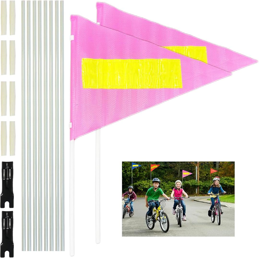 Bike Safety Flag with Pole 2 Sets, 6-Foot Adjustable Height Sturdy Fiberglass Tear-Resistant Waterproof Pink Safety Flag (PINK)