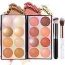 16 Colors Contour Highlighter Blush Palette with 2Pcs Brushes, Powder Blush for Cheeks, Long Lasting Contour & Illuminator for Natural Glow & Face Sculpting (8 Blushes + 4 Highlighters + 4 Bronzers) (Multi-colored)