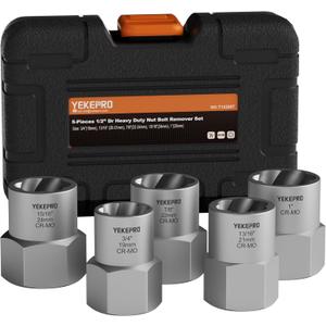 5-Piece Heavy Duty Bolt Extractor Set, 1/2" Drive Impact Lug Nut Remover Tool, Large Size 19-25mm for Removing Stripped, Damaged, Rusted Nuts, Bolts, and Studs