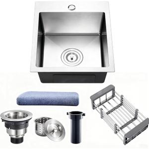 15 Inch Drop In Bar Sink, 15x15 Inch Topmount RV Small Kitchen Sink, 16 Gauge Handmade 304 Stainless Steel Bar Sinks, Outdoor Single Bowl Sinks with Strainer, Towel, Telescopic Basket