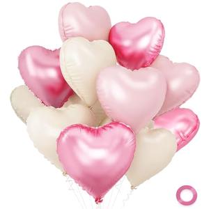 Pink and White Balloons - Pack of 15 - Heart Shaped Foil Balloons for Valentines Day Wedding Birthday Bridal Shower Baby Shower Decorations