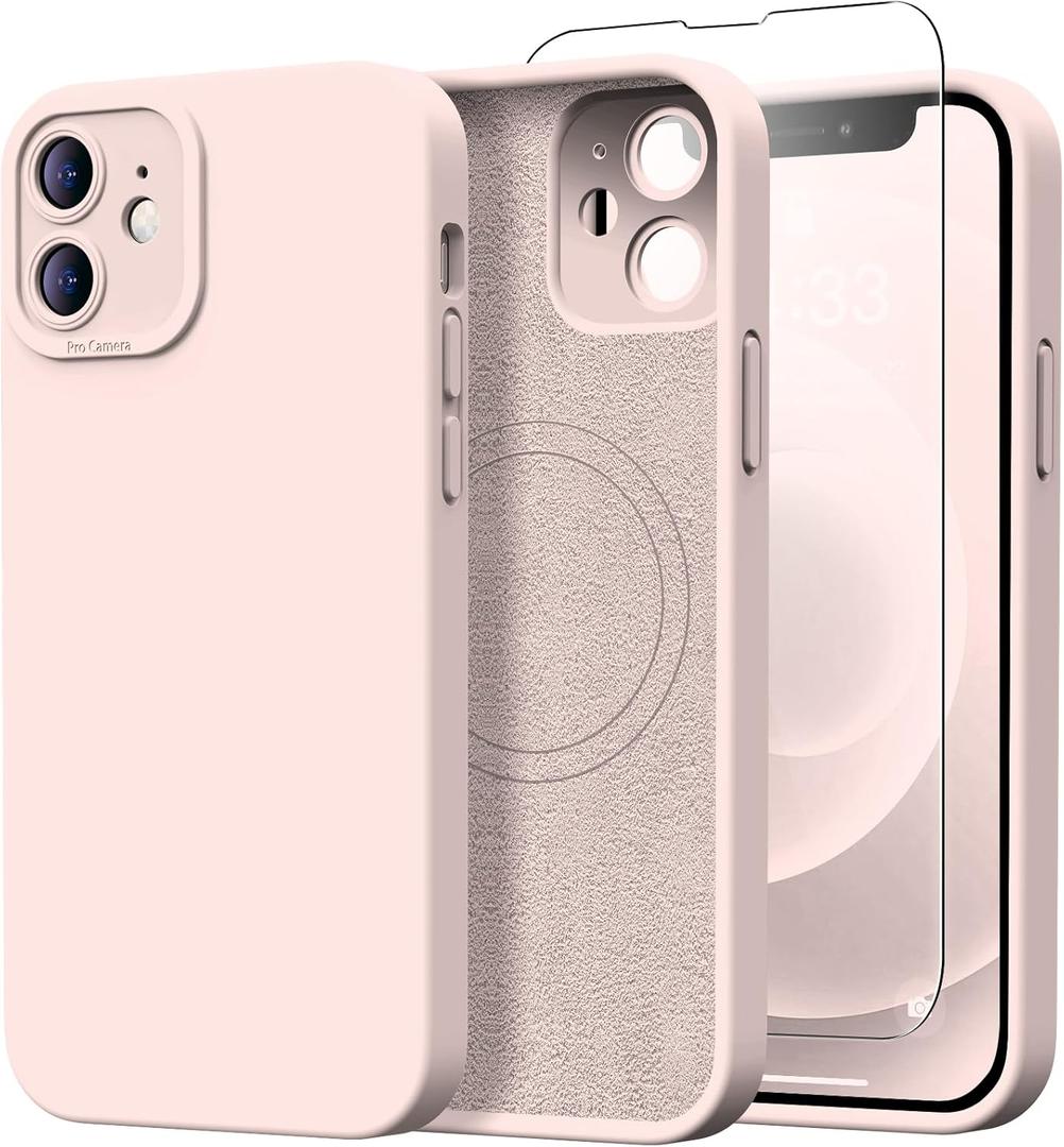 Designed for iPhone 12 Mini Case with Screen Protector - Upgraded Camera Protection - Wireless Charging Compatible - Silicone Protective Phone Case 5.4" for Men Women Girls - Light Pink