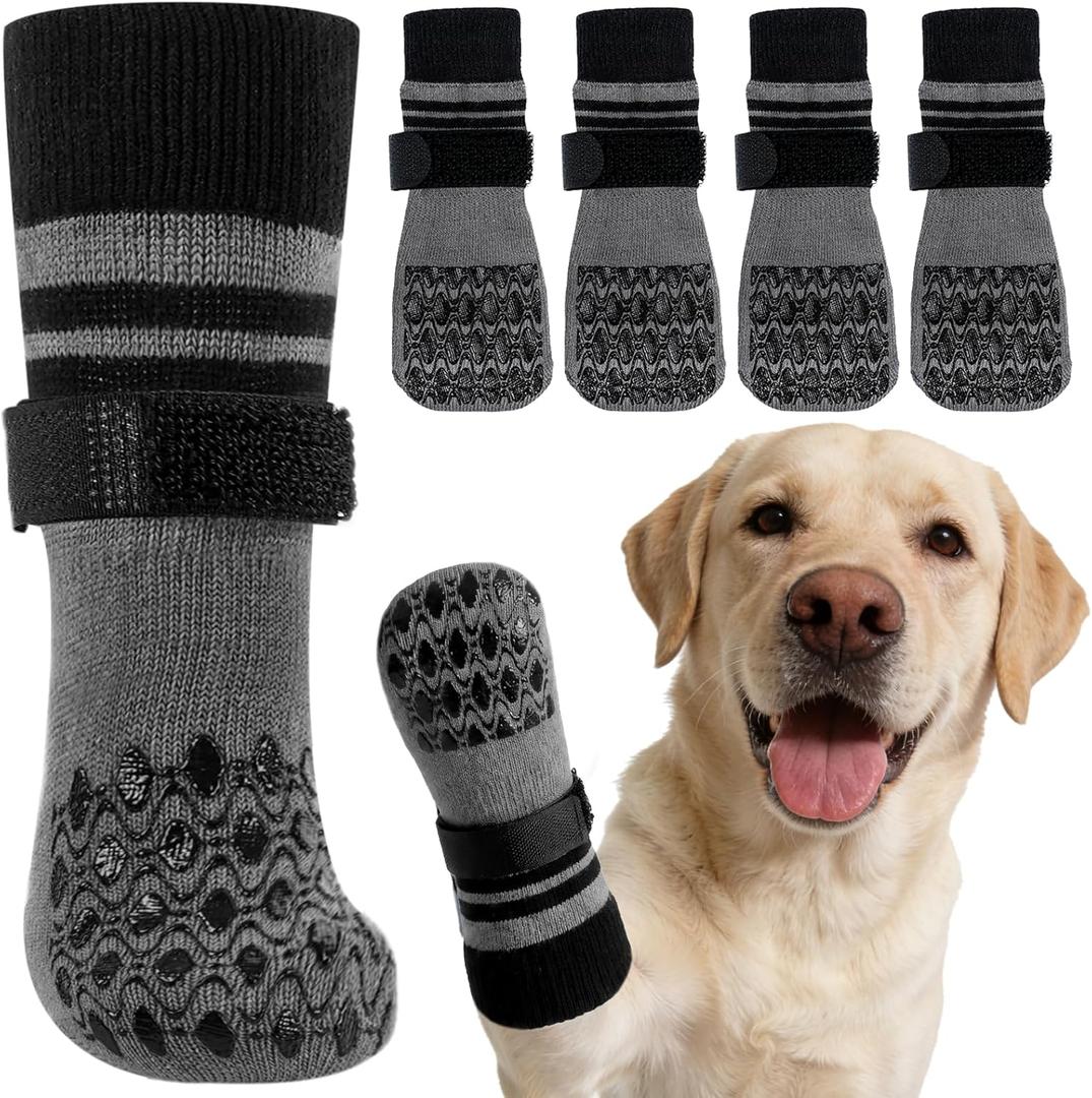Kuoser Dog Socks for Hardwood Floors Anti Slip, Grippy Socks for Dogs to Prevent Licking Paws, Comfy Booties Dog Anti Scratch Socks Pet Protectors for Jnjured Paw, 4 Pack-XL