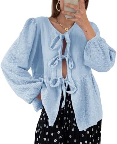 Tankaneo Womens Bow Tie Front Tops Babydoll Puff Long Sleeve Blouse Y2k Cotton Shirt Size M