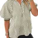 Womens Short Lantern Sleeve Top Half Zip Ribbed Knit Collared Striped Shirts (Beige, L)