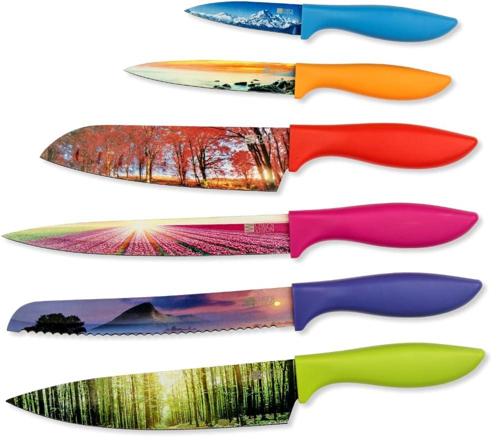 CHEF'S VISION Landscape Knife Set - 6-Piece Stainless Steel Cutting Knives Set for Kitchen with Stunning Nature Scenes - Perfect House Warming Gift for Women or Men - Unique Kitchen Knife Set Gift