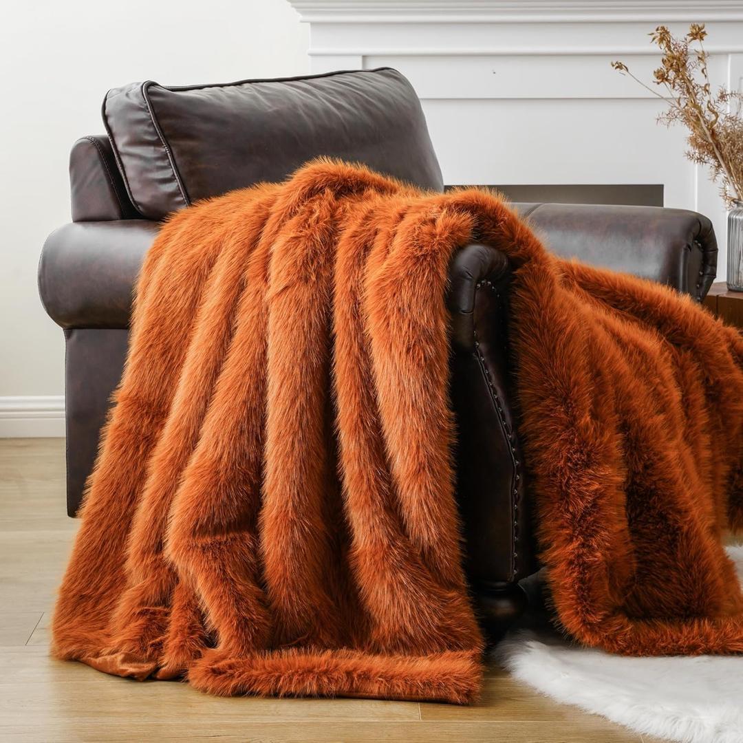 BATTILO HOME Luxury Fall Faux Fur Throw Blanket, Rust Orange Fur Blankets and Throw for Couch, Sofa, Chair, Bed, Soft Plush Warm Fuzzy Cozy Fur Throws with Long Pile, Fall Decor, 60"x80"