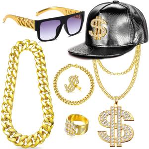 80s 90s Hip Hop Costumes Outfit Kit Fake Gold Chain Necklace Dollar Sign Cap Jewelry Set Rapper Accessories (Black)