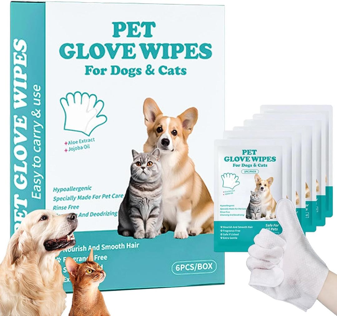 Dog Glove Wipes for Paws, Butt, Ears & Eyes - Pet Cleaning Wipes After Walk, Potty & Grooming | Extra Large Thick Rinse-Free for Dogs & Cats | Hypoallergenic Fragrance-Free for On-The-Go & Camping (6 PCS(IN BOX))