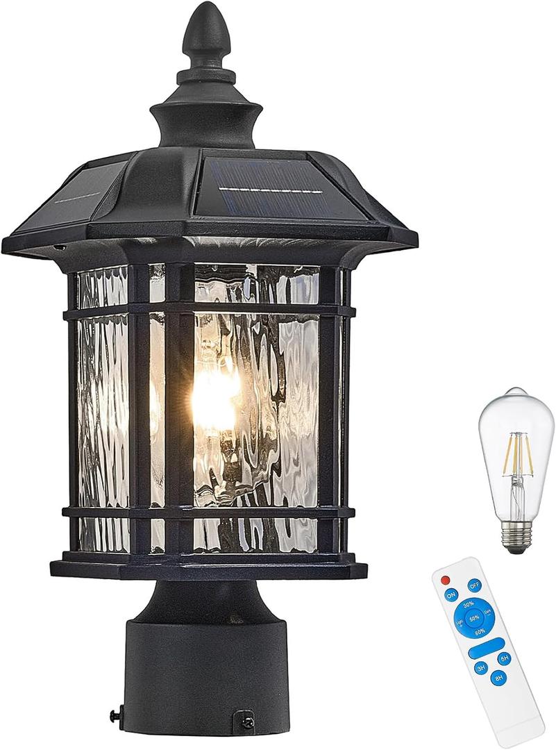 Solar Lamp Post Light with Water Ripple Glass Dusk to Dawn Waterproof Pole Lights Outdoor 18.3 Inch Height Large Aluminum Solar Lights Outdoor Post Include Remote Control and LED Bulb