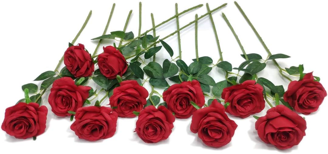 Laelfe 12 pcs Artificial Red Roses Flowers Long Stem Fake Silk Rose for Home Wendding Decorations (Red)