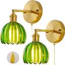 Vintage Wall Sconce 2 Pack, Green Glass Shade Gold Wall Lamp with 12 Inch Cable Switch, Modern Bathroom Wall Sconces Set of Two for Bedroom Corner Hallway