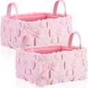 2 Pcs Pink Bow Storage Baskets 14x10 Inch Easter Gifts Baskets Laundry Foldable Fluffy Storage Bin with Handle Spring Coquette Decor Closet Organizer for Countertop Tabletop Shelf
