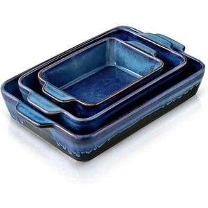 Bakeware Set, Ceramic Baking Dish Set, Rectangular Casserole Dish Set, lasagna Pan, Baking Pans Set for Cooking, Cake Dinner, Kitchen, 9 x 13 Inches, Reactive Glaze 3-Piece (Nebula Blue)