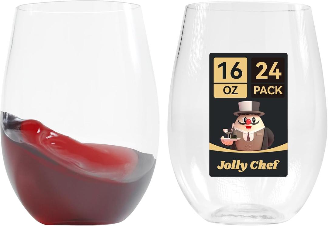 JOLLY CHEF 24 Pack 16oz Plastic Wine Glasses Stemless, Disposable Wine Cups, Premium Quality, Recyclable, Unbreakable, Ideal for Wedding, Birthday, Party, Christmas