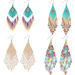 Tuanse 4 Pairs Long Beaded Tassel Earrings Colorful Handmade Seed Bead Statement Fringe Drop Dangle Earrings Boho Jewelry for Women Gifts in 4 Styles