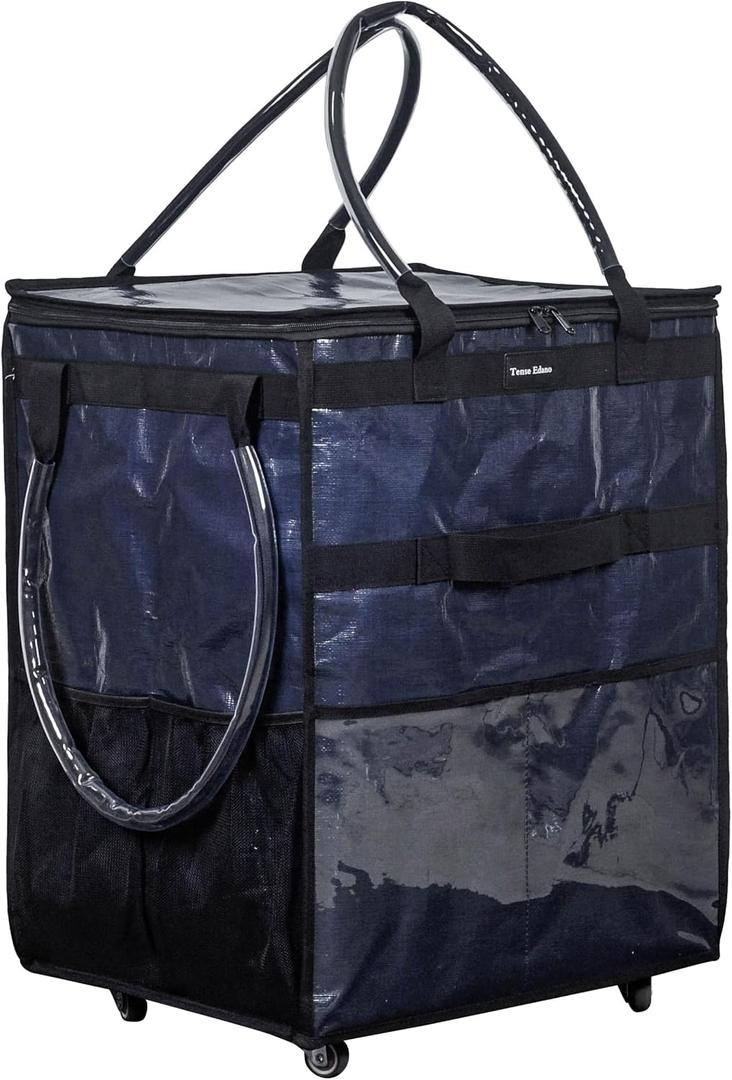 Reusable Grocery Bag On Wheels Large Capacity Shopping Trolley Foldable Rolling Tote with Outside Pocket, Heavy Duty Handle (Blue, Medium)
